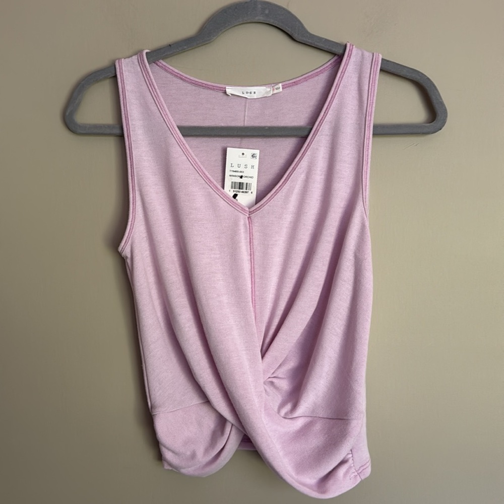 NWT- Lush Contrast Stitch Twist Front Tank, winsome orchid, size small